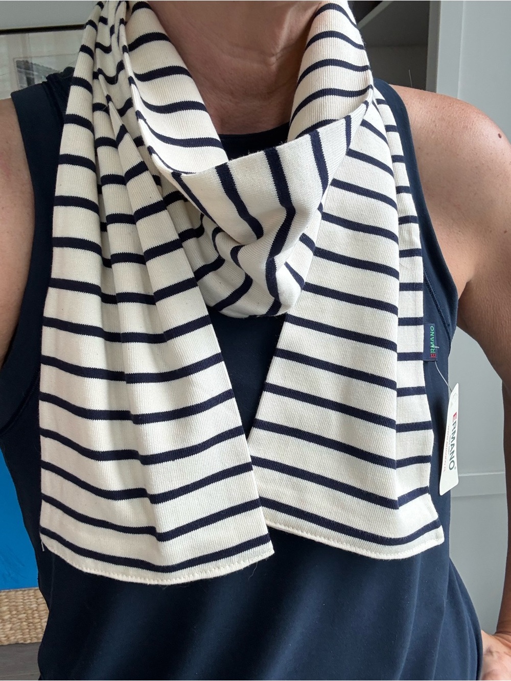 Ermano Navy Cream Breton Striped Scarf NWT Nautical French Style